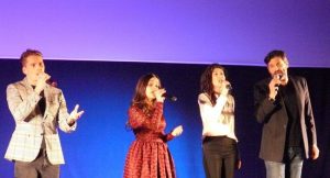 De gauche à droite, Nicolas Cillice, Eyma Scharen, Sarah Caillibot et Christophe Héraut ont chanté cinq morceaux à retrouver dans le spectacle «Bernadette de Lourdes». / Photo A.-C. E.